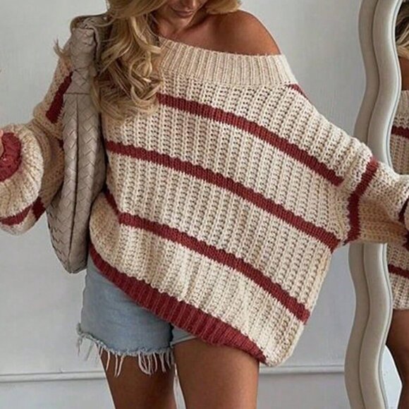 Sweaters - Red And White Casual Colorblock Women's Striped Loose Pullover Sweater